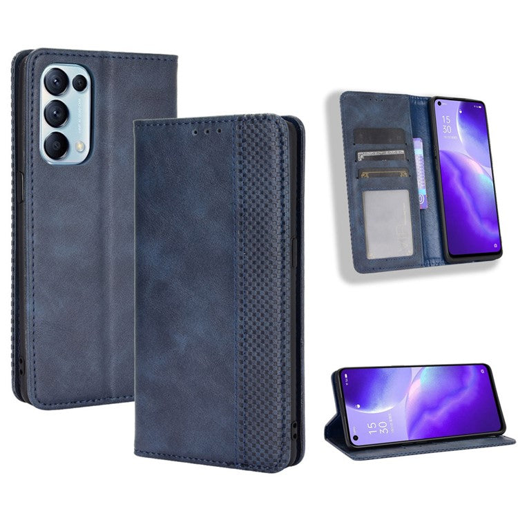 Retro Style Auto-absorbed Leather Wallet Stand Phone Shell Full Protection for Oppo Reno5 5G - Blue