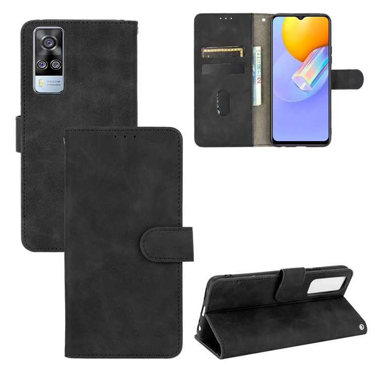 For vivo Y51 (2020, December) Skin-touch PU Leather Wallet Case with Stand - Black