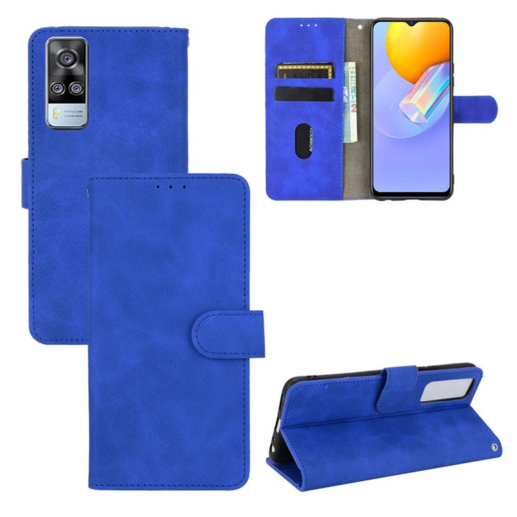 For vivo Y51 (2020, December) Skin-touch PU Leather Wallet Case with Stand - Blue