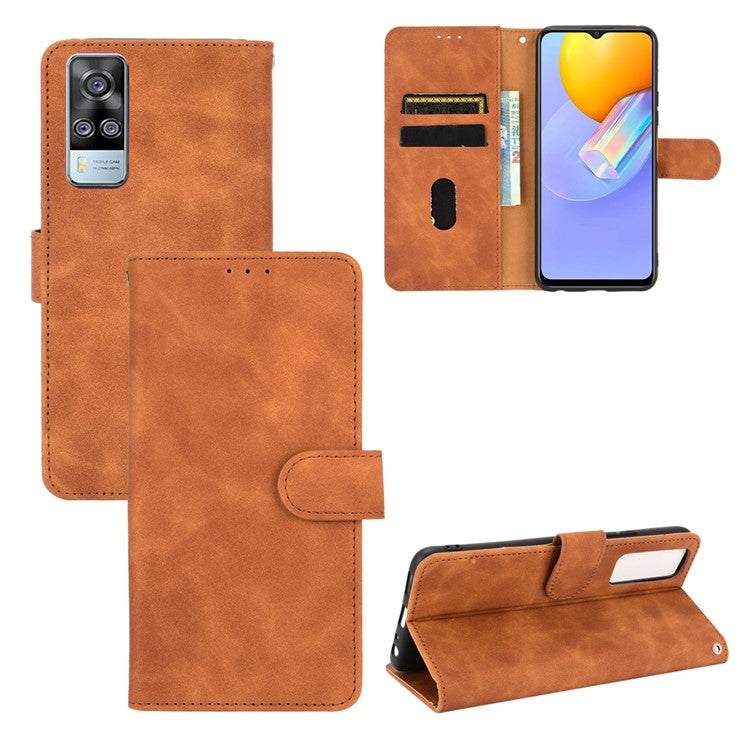 For vivo Y51 (2020, December) Skin-touch PU Leather Wallet Case with Stand - Brown