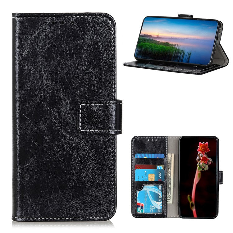 Retro Style Crazy Horse Texture Leather Phone Cover with Wallet Stand Design for Oppo Reno5 Pro Plus 5G/Find X3 Neo - Black