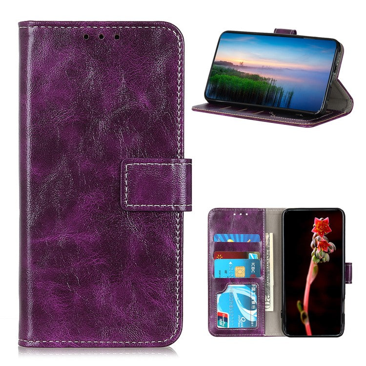 Retro Style Crazy Horse Texture Leather Phone Cover with Wallet Stand Design for Oppo Reno5 Pro Plus 5G/Find X3 Neo - Purple