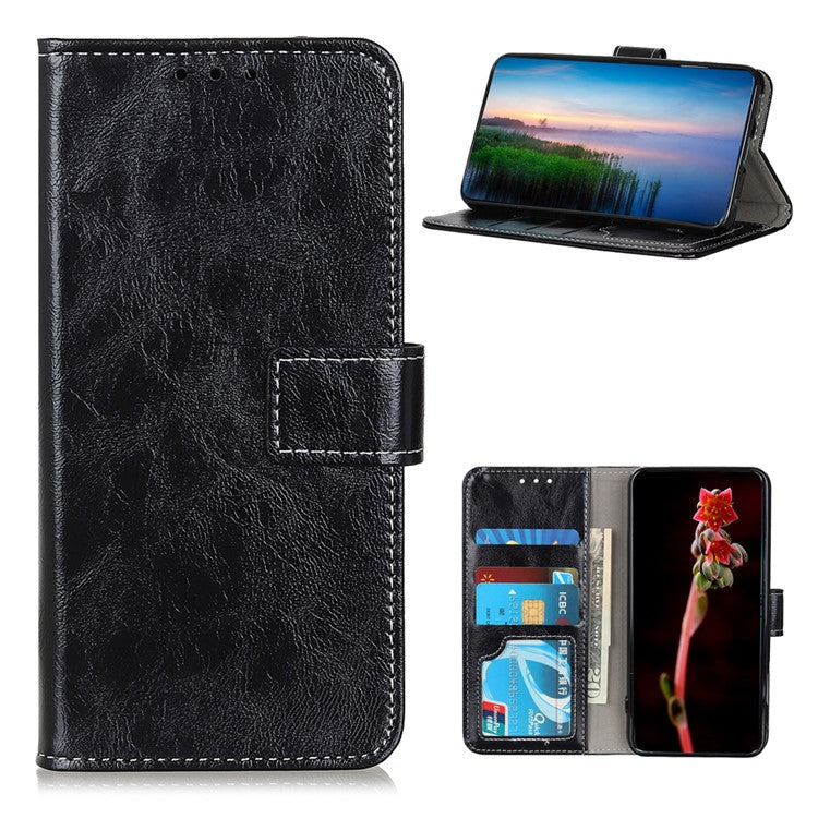 Retro Style Wallet Stand Design Leather Phone Cover Case for Oppo Reno5 5G/Find X3 Lite Crazy Horse Texture Leather Case - Black