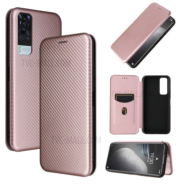 Carbon Fiber Auto-absorbed PU Leather + TPU Case with Card Holder and Ring Strap for vivo Y51 (2020, December) - Rose Gold