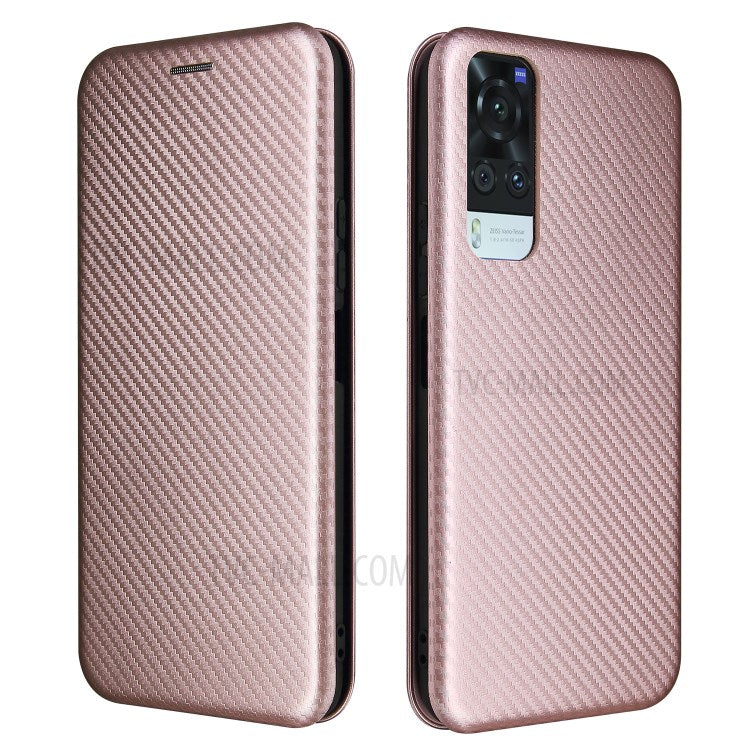 Carbon Fiber Auto-absorbed PU Leather + TPU Case with Card Holder and Ring Strap for vivo Y51 (2020, December) - Rose Gold