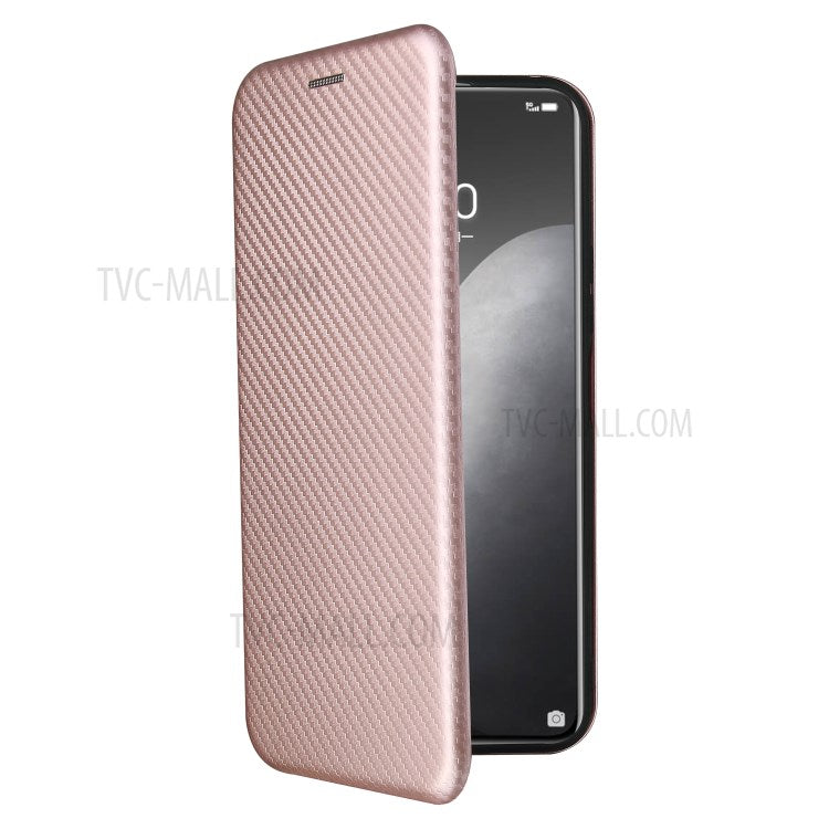 Carbon Fiber Auto-absorbed PU Leather + TPU Case with Card Holder and Ring Strap for vivo Y51 (2020, December) - Rose Gold