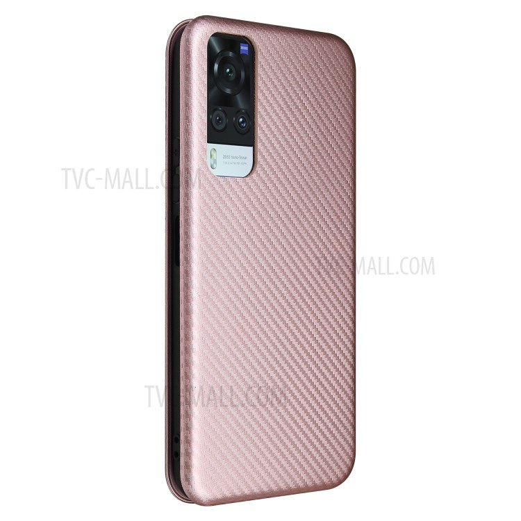 Carbon Fiber Auto-absorbed PU Leather + TPU Case with Card Holder and Ring Strap for vivo Y51 (2020, December) - Rose Gold