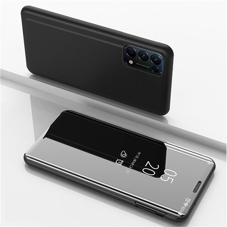 View Window Electroplated Mirror Surface Leather Shell with Stand for Oppo Reno5 5G - Black