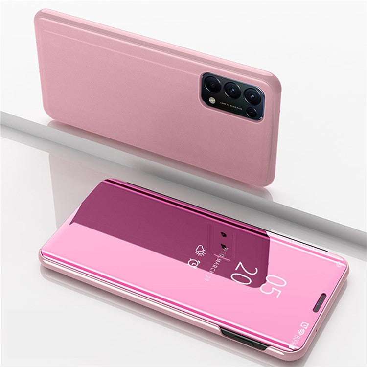 View Window Electroplated Mirror Surface Leather Shell with Stand for Oppo Reno5 5G - Rose Gold