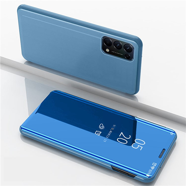 View Window Electroplated Mirror Surface Leather Shell with Stand for Oppo Reno5 5G - Baby Blue