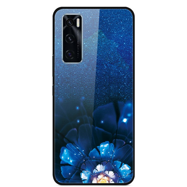 Fancy Style Printing Glass + PC + TPU Hybrid Phone Case Cover for Vivo Y70 2020 / V20 SE - Blue Flower