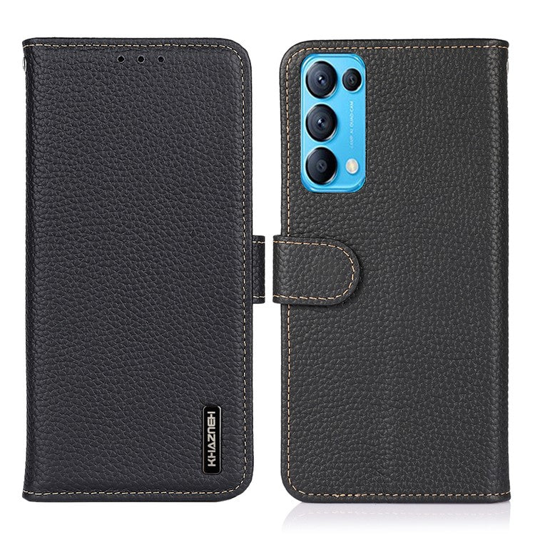 KHAZNEH Wallet Phone Case for Oppo Reno5 5G/Reno5 4G/Reno5 K/Find X3 Lite Genuine Leather Phone Cover Drop-proof Litchi Texture Flip Protector with Stand - Black