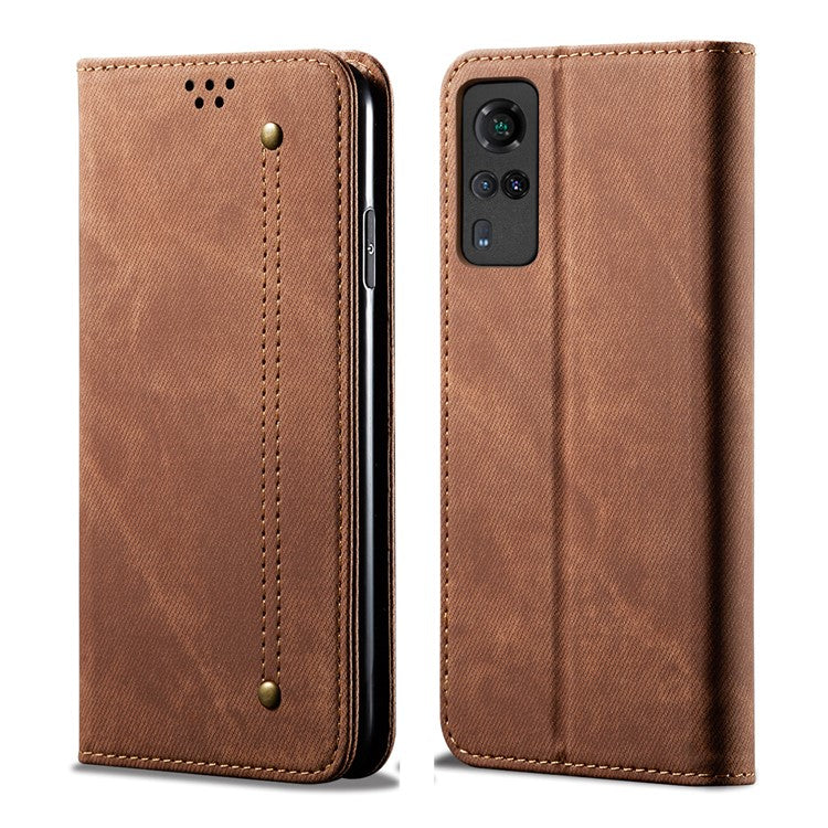 Jeans Cloth Texture Leather Wallet Stand Case for vivo Y51 2020 (Indian Version) / vivo Y31 - Brown