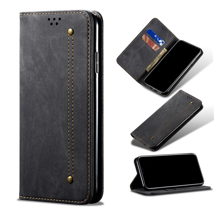 Jeans Cloth Texture Leather Wallet Stand Case for vivo Y51 2020 (Indian Version) / vivo Y31 - Black