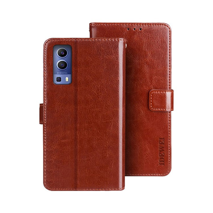 IDEWEI Crazy Horse Texture Leather Phone Cover Case with Wallet Stand for vivo Y72 5G - Brown