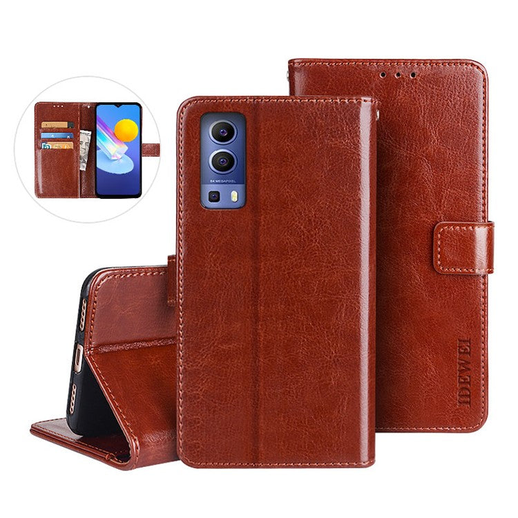 IDEWEI Crazy Horse Texture Leather Phone Cover Case with Wallet Stand for vivo Y72 5G - Brown