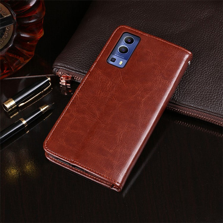 IDEWEI Crazy Horse Texture Leather Phone Cover Case with Wallet Stand for vivo Y72 5G - Brown