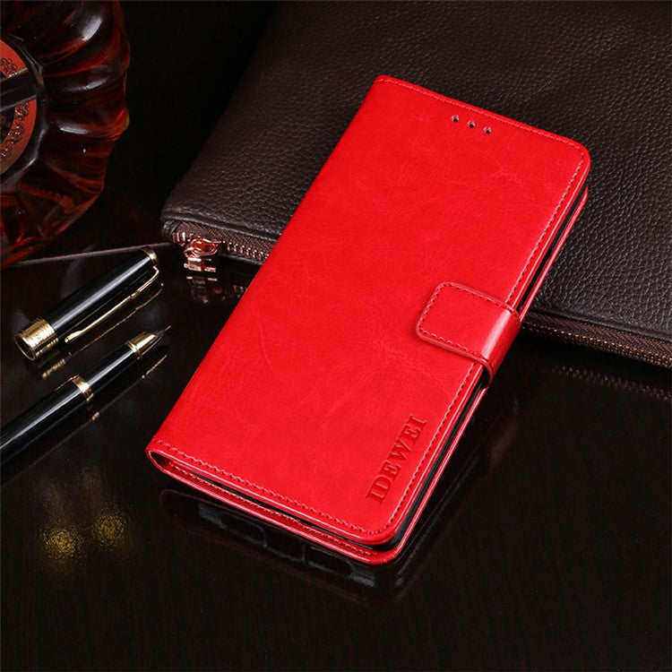 IDEWEI Crazy Horse Texture Leather Phone Cover Case with Wallet Stand for vivo Y72 5G - Red