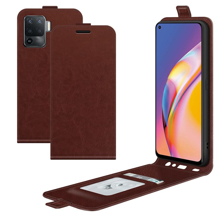 Vertical Flip Crazy Horse Leather Protector Case with Card Slot for Oppo A94/Oppo F19 Pro - Brown