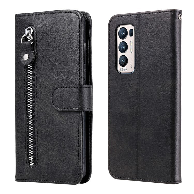 Zipper Pocket Full-Protection Leather Wallet Stand Phone Case Shell for Oppo Reno5 Pro+ 5G/Find X3 Neo - Black