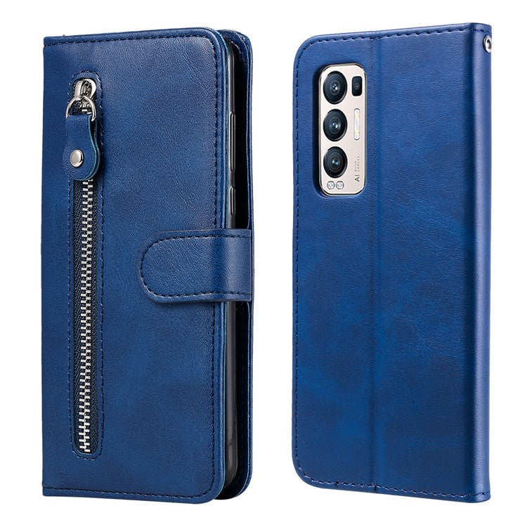 Zipper Pocket Full-Protection Leather Wallet Stand Phone Case Shell for Oppo Reno5 Pro+ 5G/Find X3 Neo - Blue