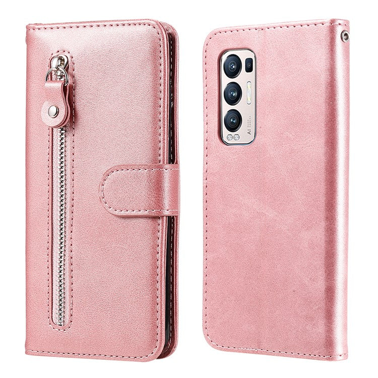 Zipper Pocket Full-Protection Leather Wallet Stand Phone Case Shell for Oppo Reno5 Pro+ 5G/Find X3 Neo - Rose Gold