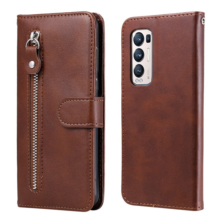 Zipper Pocket Full-Protection Leather Wallet Stand Phone Case Shell for Oppo Reno5 Pro+ 5G/Find X3 Neo - Brown