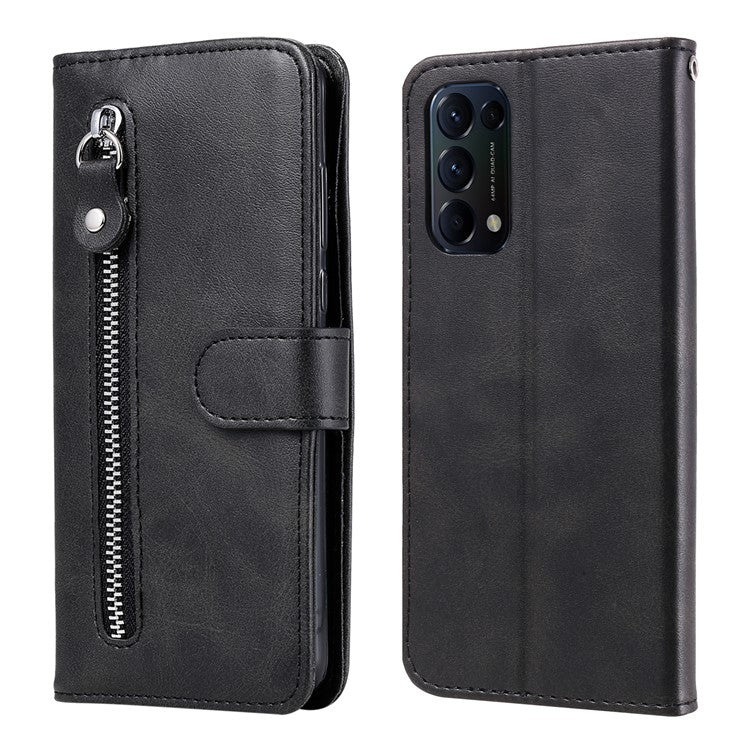 Wallet Stand Leather Protective Phone Case Zipper Pocket Design Cover Shell for Oppo Reno5 5G/Reno5 4G/Reno5 K/Find X3 Lite - Black