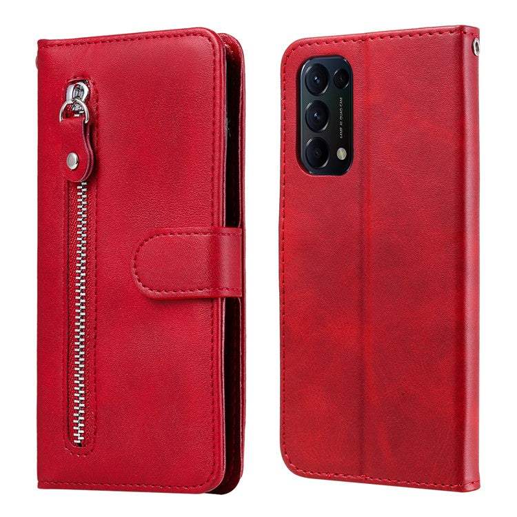 Wallet Stand Leather Protective Phone Case Zipper Pocket Design Cover Shell for Oppo Reno5 5G/Reno5 4G/Reno5 K/Find X3 Lite - Red