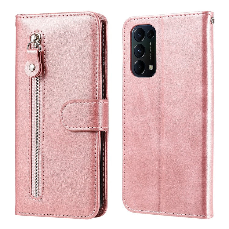 Wallet Stand Leather Protective Phone Case Zipper Pocket Design Cover Shell for Oppo Reno5 5G/Reno5 4G/Reno5 K/Find X3 Lite - Rose Gold