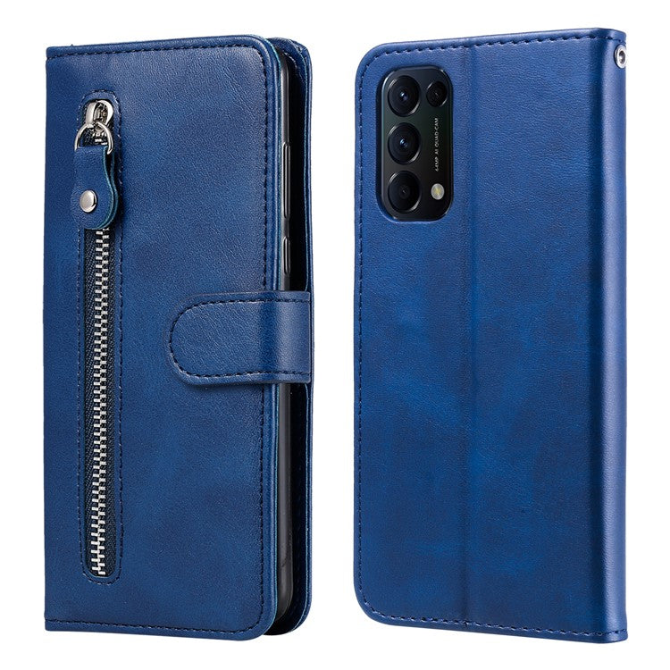 Wallet Stand Leather Protective Phone Case Zipper Pocket Design Cover Shell for Oppo Reno5 5G/Reno5 4G/Reno5 K/Find X3 Lite - Blue