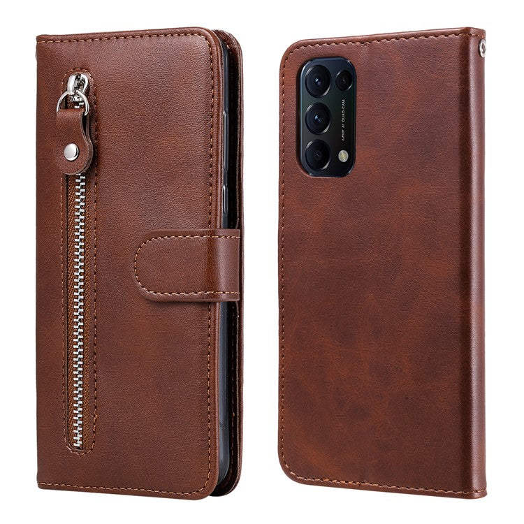 Wallet Stand Leather Protective Phone Case Zipper Pocket Design Cover Shell for Oppo Reno5 5G/Reno5 4G/Reno5 K/Find X3 Lite - Brown