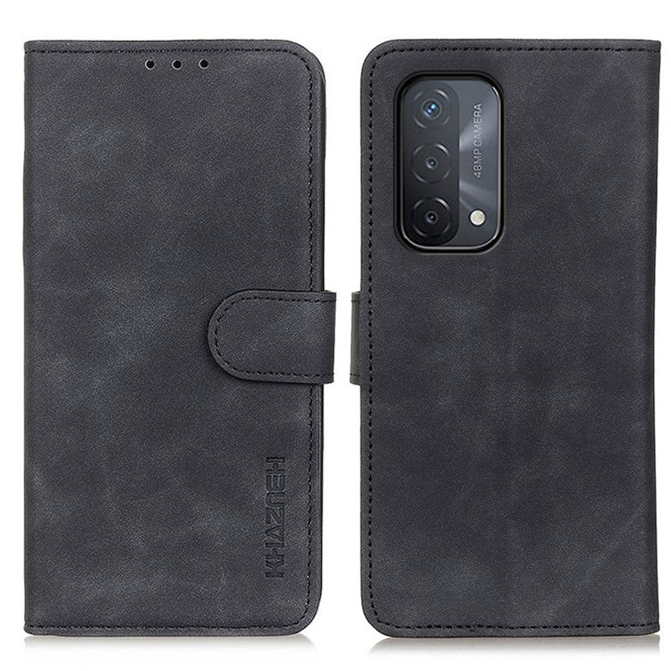 KHAZNEH Retro Grain PU Leather Standing Case Phone Wallet Cover for Oppo A93 5G/A54 5G/A74 5G - Black