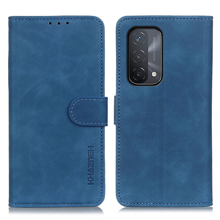 KHAZNEH Retro Grain PU Leather Standing Case Phone Wallet Cover for Oppo A93 5G/A54 5G/A74 5G - Blue