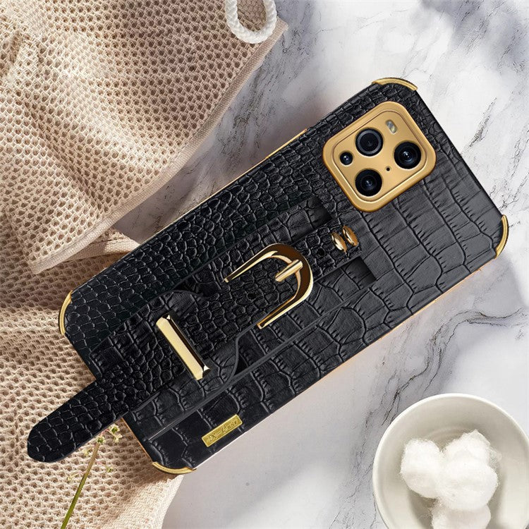 6D Electroplated Crocodile Texture Wrist Strap PU Leather Coated TPU Phone Case Cover for Oppo Find X3/Find X3 Pro - Black