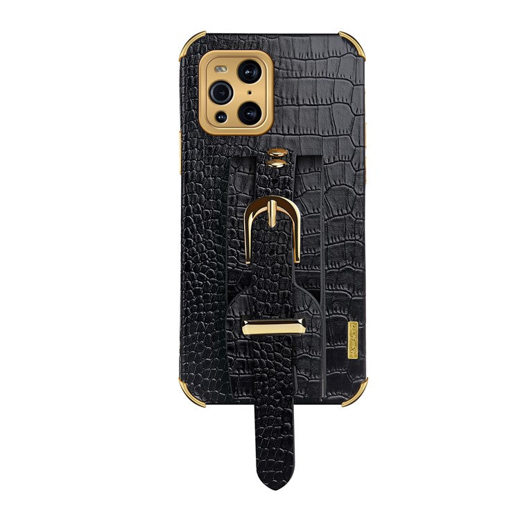 6D Electroplated Crocodile Texture Wrist Strap PU Leather Coated TPU Phone Case Cover for Oppo Find X3/Find X3 Pro - Black