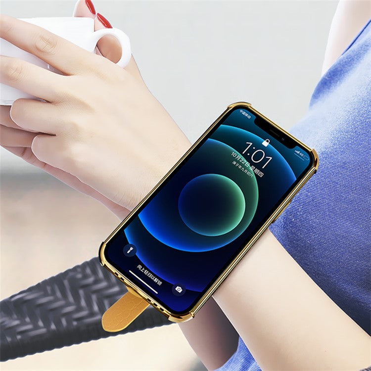 6D Electroplated Crocodile Texture Wrist Strap PU Leather Coated TPU Phone Case Cover for Oppo Find X3/Find X3 Pro - Black