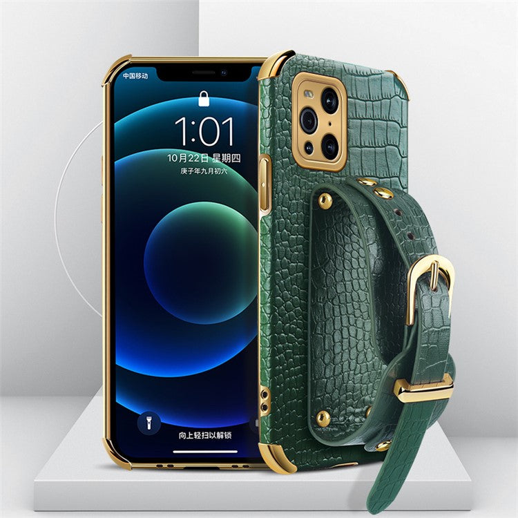 6D Electroplated Crocodile Texture Wrist Strap PU Leather Coated TPU Phone Case Cover for Oppo Find X3/Find X3 Pro - Green