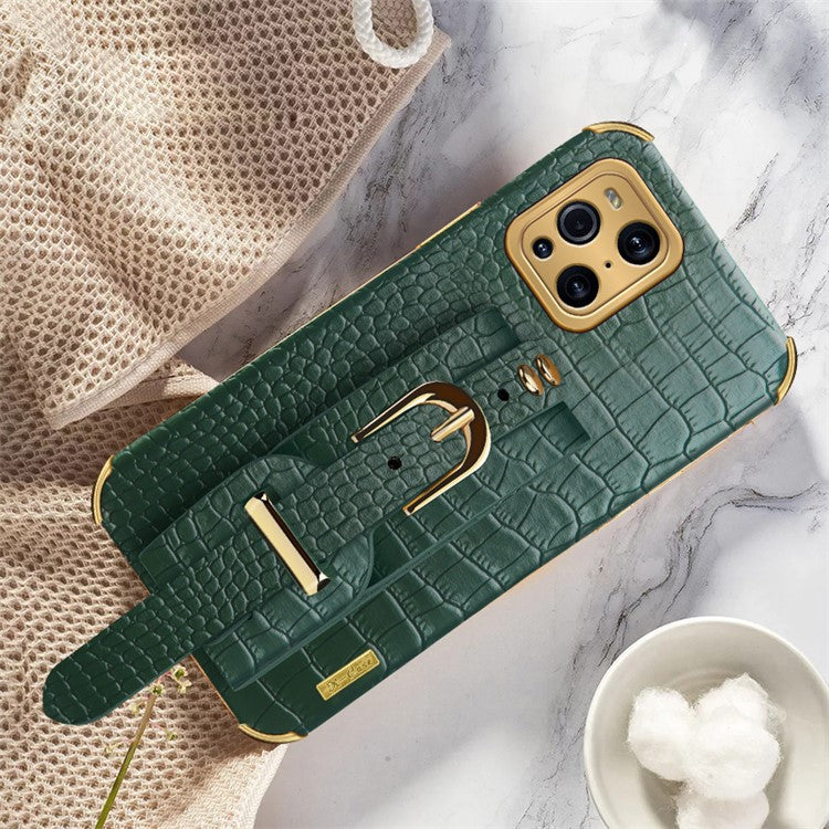 6D Electroplated Crocodile Texture Wrist Strap PU Leather Coated TPU Phone Case Cover for Oppo Find X3/Find X3 Pro - Green