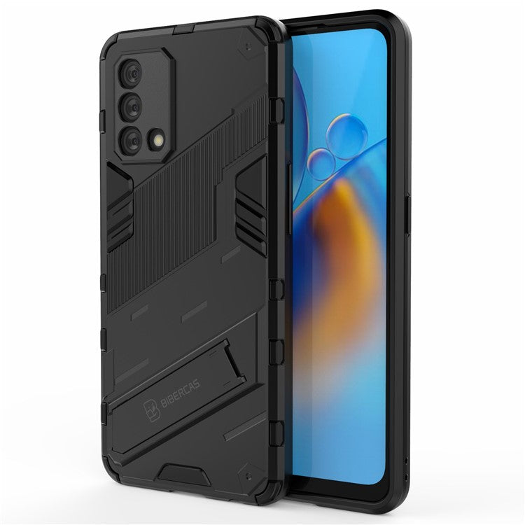 PC + TPU Shockproof Hybrid Phone Back Case Cover with Foldable Kickstand for Oppo A74 4G - Black