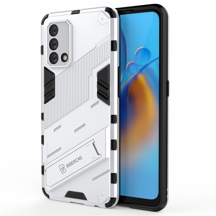 PC + TPU Shockproof Hybrid Phone Back Case Cover with Foldable Kickstand for Oppo A74 4G - White