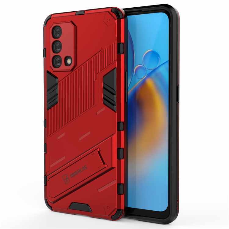 PC + TPU Shockproof Hybrid Phone Back Case Cover with Foldable Kickstand for Oppo A74 4G - Red