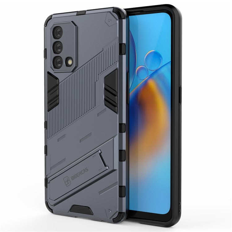 PC + TPU Shockproof Hybrid Phone Back Case Cover with Foldable Kickstand for Oppo A74 4G - Grey