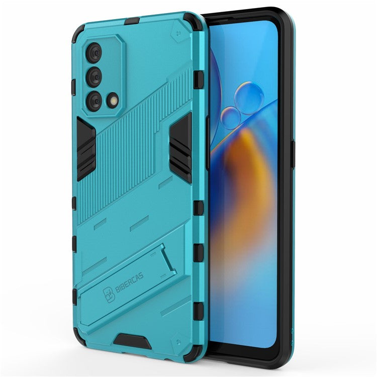 PC + TPU Shockproof Hybrid Phone Back Case Cover with Foldable Kickstand for Oppo A74 4G - Baby Blue