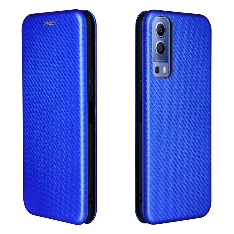 Carbon Fiber Texture Auto-absorbed Leather Mobile Phone Case for vivo Y72 5G/iQOO Z3 5G - Blue