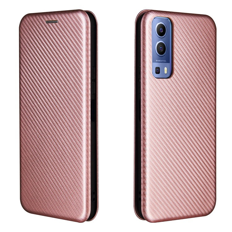 Carbon Fiber Texture Auto-absorbed Leather Mobile Phone Case for vivo Y72 5G/iQOO Z3 5G - Rose Gold