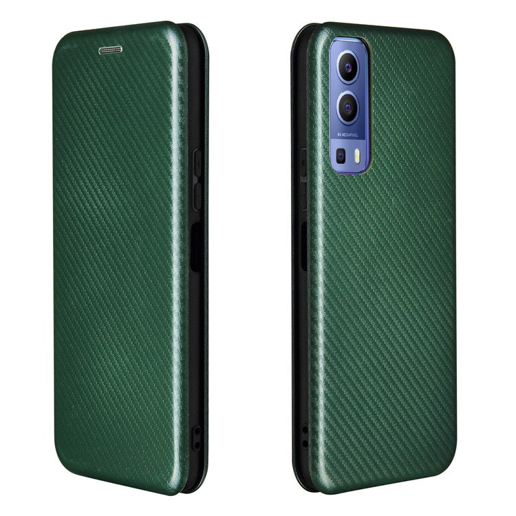 Carbon Fiber Texture Auto-absorbed Leather Mobile Phone Case for vivo Y72 5G/iQOO Z3 5G - Green