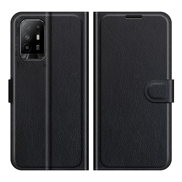 Wallet Design Litchi Texture Leather Phone Case Folio Flip Cover with Stand for Oppo A94 5G - Black