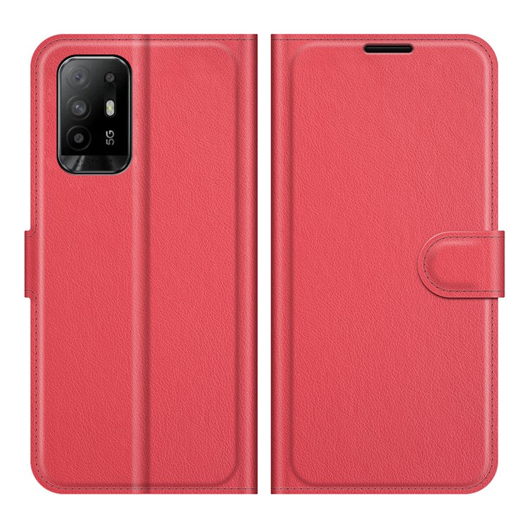 Wallet Design Litchi Texture Leather Phone Case Folio Flip Cover with Stand for Oppo A94 5G - Red