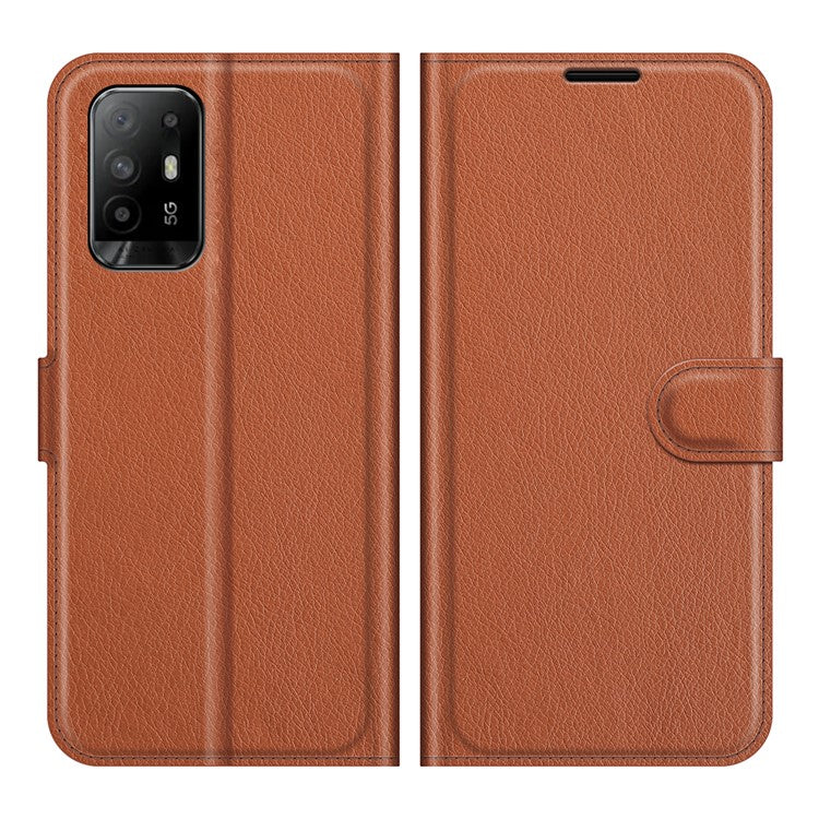 Wallet Design Litchi Texture Leather Phone Case Folio Flip Cover with Stand for Oppo A94 5G - Brown